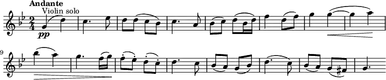  {\new PianoStaff {<<\new Staff \relative c'{\set Staff.midiInstrument=#"violin" \time 2/4 \set Score.tempoHideNote = ##t \tempo "Andante" 4=60 \autoBeamOff \clef treble \key g \minor ^"Violin solo"|\pp g'4( d'4)|c4. ees8|d8[ d8(] c8[ bes8])|c4. a8|bes8([ c8]) d8([ bes16 d16])|f4 d8([ f8])|g4 g4 \< (~|g4 a4 \!)|\> bes4( a4)|g4. f16([ g16]) \!|f8-.([ ees8-.]) d8-.([ c8-.])|d4. c8|bes([ a8]) g8([ bes8])|d4.( c8)|bes([ a8]) g8([ fis8])|g4.}>>}}