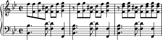 
    {
      \new PianoStaff <<
        \new Staff <<
            \relative c'' {
                \clef treble \key bes \major \time 2/2
                f8 <f, f'> <g g'> <f~ cis'> <f d'> <f f'> <g d' g>4
                r8 <f f'> <g g'> <f~ cis'> <f d'> <f f'> <g d' g>4
                r8 <f d' f> <g d' g> <f~ cis'> <f d'> <f d' f> <g d' g> <f d' f>
                }
            >>
        \new Staff <<
            \relative c {
                \clef bass \key bes \major \time 2/2
                <bes bes'>4. <f' d'>8~ <f d'>4 <f, f'>4
                <bes f' bes>4. <f' d'>8~ <f d'>4 <f, f'>4
                <bes f' bes>4. <f' d'>8~ <f d'>4 <f, f'>4
                }
            >>
    >> }
