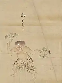 27 Yamawarō (山わろう) are Japanese yōkai that live in the mountains and are more frequently found in the western part of Japan. They are said to resemble a young boy about 10 years old and are usually depicted with scraggly brown or red hair covering their bodies and one eye (although this is not always the case). Yamawarō are skilled at mimicry, and imitate sounds of the forest such as falling trees. They can even learn to imitate the sound of a human voice, both speaking and singing. Yamawarō were often encountered by woodsmen, and it was said that they would aid in the task of woodcutting if rewarded properly (usually with food). However, one had to be careful of offering too little food or offering it too soon. In the case of too little food, the yamawarō would become angry and leave, never to return, while in the case of it being offered too soon, the yamawarō would simply take the food and leave before completing any work. There are also legends that say that yamawarō are also garappa or kappa during the springtime, when they repose in the different beds of water throughout Japan, but once fall ends they retreat into the mountains to become yamawarō.