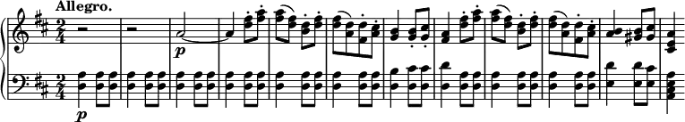 
 \relative b' {
  \new PianoStaff <<
   \new Staff { \key b \minor \time 2/4
    \tempo \markup {
     \column {
      \line { Allegro. }
 }
   }
    r2 r a2~\p a4 <d fis>8-. <fis a>8-. <fis a>8( <d fis>) <b d>8-. <d fis>8-. <d fis>8[( <a d>) <fis d'>8-. <a cis>8-.] <g b>4 <g b>8-. <g cis>8-. <fis a>4 <d' fis>8-. <fis a>8-. <fis a>8( <d fis>) <b d>8-. <d fis>8-. <d fis>8[( <a d>) <fis d'>8-. <a cis>8-.] <a b>4 <gis b>8 <gis cis>8 <cis, e a>4
   }
   \new Dynamics {
    
    }
   \new Staff { \key b \minor \time 2/4 \clef bass
    <d, a'>4\p <d a'>8 <d a'> <d a'>4 <d a'>8 <d a'> <d a'>4 <d a'>8 <d a'> <d a'>4 <d a'>8 <d a'> <d a'>4 <d a'>8 <d a'> <d a'>4 <d a'>8 <d a'> <d b'>4 <d cis'>8 <d cis'> <d d'>4 <d a'>8 <d a'> <d a'>4 <d a'>8 <d a'> <d a'>4 <d a'>8 <d a'> <e d'>4 <e d'>8 <e cis'> <a, cis e a>4
   }
  >>
 }
