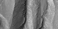 Close-up of gully alcove showing "gullygons" (polygonal patterned ground near gullies), as seen by HiRISE under HiWish program  Note this is an enlargement of a previous image.