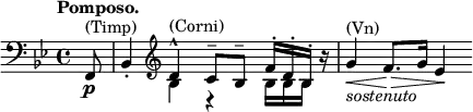 
\relative c' { \key bes \major \time 4/4 \tempo "Pomposo." \partial 8
 \clef bass f,,8\p ^\markup { (Timp) } bes4-. 
 \clef treble << { d'-^ ^\markup { (Corni) } c8-- bes-- f'16-.[ d-. bes-.] } \\ { bes4 r bes16[ bes bes] } >> r 
 g'4 ^\markup { (Vn) } _\markup \italic sostenuto \< f8.\> g16 es4\!
}
