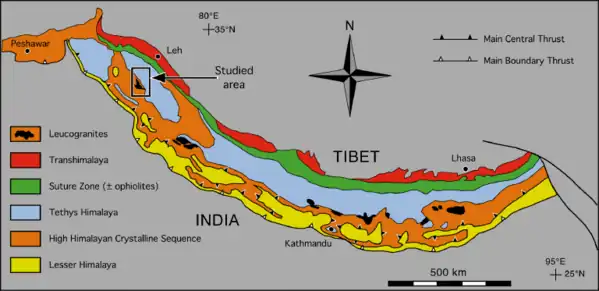 Tectonic map of the Himalaya, modified after Le Fort & Cronin (1988). Red is Transhimalaya. Green is Indus-Yarlung suture zone, north of which lies Lhasa terrane, follow by Bangong-Nujiang Suture Zone and then Qiangtang terrane.