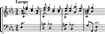  
\new StaffGroup <<
  \new Staff \with {
      \magnifyStaff #6/7
    } \relative c'' { 
\time 3/4
\key c \minor
\tempo "Largo"
<< \new Voice = "first" \relative c'' { \voiceOne
<c g>8 <g' es>4 <es c>4 <c g>8 |
<g' d>8 <g d>4 <d bes> <d bes>8 |
<f c>8 <f c>4 <as as,> <f c>8 |
<d b>8 <g b,>4  }
\new Voice = "second" \relative c'' { \voiceTwo 
g2.:8 
g2.:8
f:8
g:8 \bar"" } >>
 }
  \new Staff \with {
      \magnifyStaff #6/7
    } \relative c' {
\clef "bass"
\key c \minor
c2.:8
b4:8 bes2:8
a4:8 as2:8
g8 g, g2:8^\markup{\italic etc.}
}
>>
