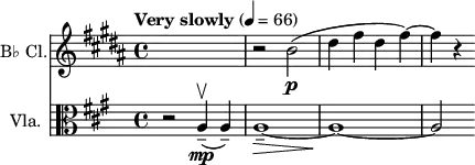 
\layout { indent = 1\cm }
\relative c''
<<
\new Staff \with { instrumentName = "B♭ Cl." } { \set Staff.midiInstrument = "clarinet" \clef treble \transposition bes \key b \major \time 4/4 \tempo "Very slowly" 4 = 66 { s1 | r2 b\p( | dis4 fis dis fis)~ | fis r } }
\new Staff \with { instrumentName = "Vla." } { \set Staff.midiInstrument = "violin" \clef alto \key a \major \time 4/4 \tempo "Very slowly" 4 = 66 { r2 a,,4\mp--\upbow( a--) | a1--~\> | a1~\! | a2 } }
>> 