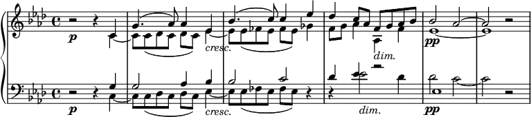 
{ \new PianoStaff <<
  \new Staff <<
    \new Voice \relative c' { \set Score.tempoHideNote = ##t \tempo 4 = 40
  \clef "treble" \key aes \major \set Staff.midiInstrument = #"piano" \time 4/4 | % 1
  r2 \p r4 \stemUp c4 | % 2
  g'4. ^( as8 ) as4 es4 _\markup{ \italic {cresc.} } | % 3
  bes'4. ^( c8 ) c4 es4 | % 4
  des4 c8 as8 f8 _\markup{ \italic {dim.} } g8 as8 bes8 | % 5
  bes2 \pp as2 ^~ | % 6
  as2 r2 }
\relative c' {
  \clef "treble" \key as \major \time 4/4 | % 1
  \stemDown s2 s4 c4 _~ | % 2
  c8 c8 _( des8 c8 des8 c8 ) es4 _~ | % 3
  es8 es8 _( fes8 es8 fes8 es8 ) ges4 | % 4
  f8 g8 as4 as,4 f'4 | % 5
  es1 _~ | % 6
  es1 } >>
  \new Staff <<
    \new Voice \relative c { \set Staff.midiInstrument = #"piano"
  \clef "bass" \key aes \major \time 4/4
  r2 \p r4 \stemDown c4 _~ | % 2
  c8 c8 _( des8 c8 des8 c8 ) es4 _\markup{ \italic {cresc.} } _~ | % 3
  es8 es8 _( fes8 es8 fes8 es8 ) r4 | % 4
  r4 es'2 _\markup{ \italic {dim.} } des4 | % 5
  des2 \pp c2 _~ | % 6
  c2 r2 }
  \relative g {
  \clef "bass" \key as \major \time 4/4 s2 s4 \stemUp g4 | % 2
  g2 as4 bes4 | % 3
  bes2 c2 | % 4
  des4 es4 r2 | % 5
  es,1 } >>
>> }
