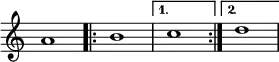  {
\override Score.TimeSignature #'stencil = ##f
{
    \relative c'' {
        \time 4/4
        a1
        \repeat volta 2 { b1 }
        \alternative { { c } { d } }
    }
} }
