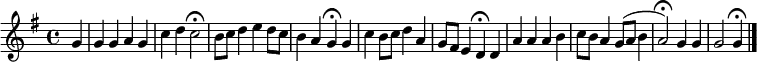 
{
\clef treble \key g \major \tempo 4=90 \set Staff.midiInstrument = "english horn" {
      \set Score.tempoHideNote = ##t
      \override Score.BarNumber #'transparent = ##t
      \time 4/4
      \relative
      { \partial 4 g' g4 g a g c4 d c2 \fermata b8 c d4 e d8 c b4 a g \fermata g c b8 c d4 a g8 fis e4 d \fermata d a' a a b c8 b a4 g8 (a b4 a2) \fermata g4 g g2 g4 \fermata \bar "|."}
    }
  }
