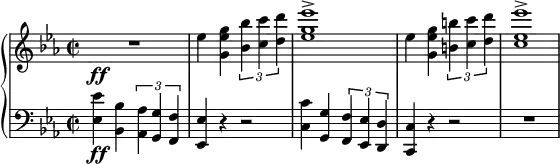 
{ \new PianoStaff <<
\new Staff \relative es'' { \set Staff.midiInstrument = #"piano" \key es \major \clef treble \time 2/2 \set Score.tempoHideNote = ##t \tempo 2 = 60
  R1 \ff | % 2
  es4 <g, es' g>4 \times 2/3 {
    <bes bes'>4 <c c'>4 <d d'>4
  }
  | % 3
  <es g es'>1 -> | % 4
  es4 <g, es' g>4 \times 2/3 {
    <b b'>4 <c c'>4 <d d'>4
  }
  | % 5
  <c es es'>1 ->
  }
\new Staff \relative es { \set Staff.midiInstrument = #"piano" \key es \major \clef bass \time 2/2
  <es es'>4 \ff <bes bes'>4
  \times 2/3 {
    <as as'>4 <g g'>4 <f f'>4
  }
  | % 2
  <es es'>4 r4 r2 | % 3
  <c' c'>4 <g g'>4 \times 2/3 {
    <f f'>4 <es es'>4 <d d'>4
  }
  | % 4
  <c c'>4 r4 r2 | % 5
  R1 }
>> }
