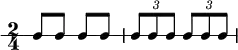  \new RhythmicStaff {
   \clef percussion
   \time 2/4
   \set Score.tempoHideNote = ##t \tempo 4 = 100
   c8 c c c
   \tuplet 3/2 { c8 c c } \tuplet 3/2 { c8 c c }
}
