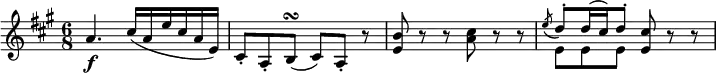  { \tempo 4 = 120 \set Score.tempoHideNote=##t \set Staff.midiInstrument = "violin" \relative a' { \key a \major \time 6/8
a4. \f cis16( a e' cis a e) | cis8-. a-. b( \turn cis) a-. r | <b' e,> 8 r r <cis a> r r |
<< \new Voice = "first" { \stemUp \slurDown \acciaccatura e8 \stemUp \slurUp d8^. d16( cis) d8^. }
   \new Voice = "second" { \stemDown e,8 e e } >> <cis' e,>8 r r }} 