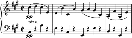 
{ \new PianoStaff <<
\new Staff \relative cis'' { \set Staff.midiInstrument = #"piano" \key a \major \clef treble \time 2/2 \set Score.tempoHideNote = ##t \tempo 2 = 90
  cis4 \pp ( d4 cis4 e,4 ) | % 2
  d4 ( b'4 cis,4 a'4 ) | % 3
  gis4 ( a4 gis4 b,4 ) | % 4
  a4 ( fis'4 gis,4 e'4 )
  }
\new Staff \relative a, { \set Staff.midiInstrument = #"piano" \key a \major \clef bass \time 2/2
  a4 \pp ^"pizz." r4 a'4 r4 | % 2
  e4 r4 a,4 r4 | % 3
  e4 r4 e'4 r4 | % 4
  b4 r4 e,4 r4 }
>> }
