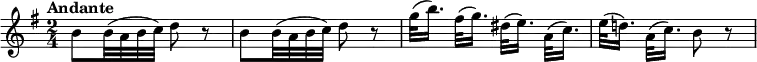 
\relative c'' { \set Score.tempoHideNote = ##t \tempo "Andante" 4=65 \key g \major \time 2/4
  b8 b32( a b c) d8 r b b32( a b c) d8 r
  g32([ b16.]) fis32( g16.) dis32([ e16.]) a,32( c16.) e32([ d!16.]) a32( c16.) b8 r
}
