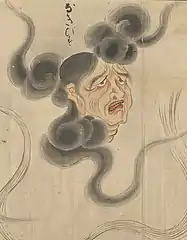 34 Nakibisu (なきびす) is a regional dialect form of nakibeso, meaning "one prone to cry." One other illustration of Nakibisu is known. It is part of a handscroll by the Kyoto artist Murata Ryūtei (村田龍亭, ?-?) titled Hyakki emaki (百鬼絵巻, "Picture scroll of one hundred demons"). The colophon of this scroll is dated 1764.