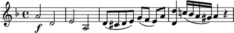 
\relative a' {
  \key d \minor \time 4/4
  a2 \f d,
  e2 a,
  d8( cis d e) g([ f] e) a
  <d d,>4 c!16( bes a gis) a4 r
} 