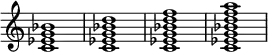 
{
\override Score.TimeSignature #'stencil = ##f
\relative c' {
   \clef treble
   \time 4/4
   \key c \major
   <c es g bes>1
   <c es g bes d>1
   <c es g bes d f>1
   <c es g bes d f a>1
} }
