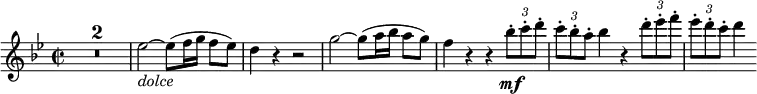  {\relative es'' { \key bes \major \time 2/2 \compressEmptyMeasures
R1*2 | es2~ _\markup { \italic "dolce" } es8( f16 g f8[ es]) | d4 r r2
g2~ g8( a16 bes a8[ g]) | f4 r r \tupletUp \times 2/3 { bes8-. \mf c-. d-. }
\times 2/3 { c8-. bes-. a-. } bes4 r \times 2/3 { d8-. es-. f-. } | \times 2/3 { es8-. d-. c-. } d4 }}