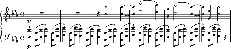 
{ \new PianoStaff <<
\new Staff \relative bes' { \set Staff.midiInstrument = #"piano" \key c \minor \clef treble \time 2/2 \set Score.tempoHideNote = ##t \tempo 2 = 60
  R1*2\p | % 3
  r4 <bes bes'>2 <bes bes'>4 ~ ~ | % 4
  <bes bes'>4 <es es'>2 ( <d d'>4 ) | % 5
  <g, g'>4 <c c'>2 ( <bes bes'>4 ) ~ ~ | % 6
  <bes bes'>4 <es, es'>4 <bes' bes'>2
  }
\new Staff \relative es { \set Staff.midiInstrument = #"piano" \key c \minor \clef bass \time 2/2
  <es es'>4 \p -! <bes bes'>8 ( <es
  es'>8 <f f'>4 ) -! <bes, bes'>8 ( <f' f'>8 | % 2
  <g g'>4 ) -! <bes, bes'>8 ( <g' g'>8 <f f'>4 ) -! <bes, bes'>8 ( <f'
  f'>8 | % 3
  <es es'>4 ) -! <bes bes'>8 ( <es es'>8 <f f'>4 ) -! <bes, bes'>8 (
  <f' f'>8 | % 4
  <g g'>4 ) -! <bes, bes'>8 ( <g' g'>8 <f f'>4 ) -! <bes, bes'>8 ( <f'
  f'>8 | % 5
  <es es'>4 ) -! <bes bes'>8 ( <es es'>8 <f f'>4 ) -! <bes, bes'>8 (
  <f' f'>8 | % 6
  <g g'>4 ) -! <bes, bes'>8 ( <g' g'>8 <f f'>4 ) -! r4 \! }
>> }
