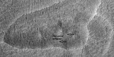 High center polygons, shown with arrows, as seen by HiRISE under HiWish program.  Image enlarged with HiView.