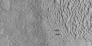 Brain terrain being formed, as seen by HiRISE under HiWish program Note: this is an enlargement of a previous image using HiView. Arrows indicate spots where brain terrain is beginning to form.