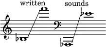 
    {
      \new Staff \with { \remove "Time_signature_engraver" }
      \clef treble \key c \major ^ \markup "written" \cadenzaOn
      bes1 \glissando f'''1
      \clef bass ^ \markup "sounds" aes,,1 \glissando ees'1
    }
  