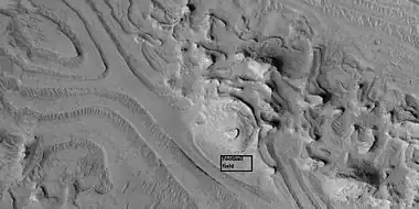 Close view of layers, as seen by HiRISE under HiWish program Box shows the size of a football field.