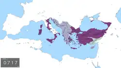 The Byzantine Empire by the end of the Twenty Years' Anarchy in 717 AD.