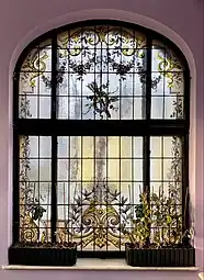 Rococo Revival festoon on a stained-glass window in the orangery of the Ecaterina Procopie House (Strada Bocșa no. 4), Bucharest, unknown architect or painter, c.1912