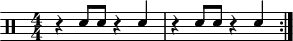 \version "2.22.0"
\header { tagline = ##f}
\score {
\drums \with {midiInstrument = "drums"}
\with { \numericTimeSignature }
{
\repeat volta 2 {\stemUp
r4 sne8 sne8 r4 sne r4 sne8 sne8 r4 sne \break
}
}
\layout {}
}
\score {
\unfoldRepeats {
\drums \with {midiInstrument = "drums"}{
\repeat volta 2 {
r4 sne8 sne8 r4 sne r4 sne8 sne8 r4 sne
}
}
}
\midi { \tempo 4 = 100 }
}
