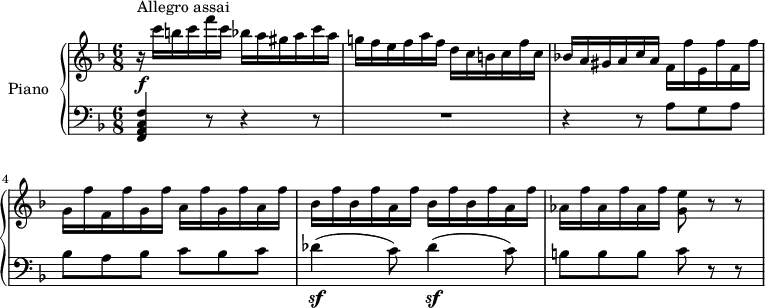 
\header {
  tagline = ##f
}
upper= \relative c' {
  \clef treble
  \key f \major
  \time 6/8
  \set Staff.midiInstrument = #"piano"
    r16\f^\markup { Allegro assai} c''16 b c f c bes a gis a c a
    g! f e f a f   d c b c f c
    bes! a gis a c a    f f' e, f' f, f'
    g, f' f, f' g, f'    a, f' g, f' a, f'
    bes, f' bes, f' a, f'   bes, f' bes, f' a, f'
   aes, f' aes, f' aes, f'  <g, e'>8 r8 r8
  }
lower=\relative c { \set Staff.midiMaximumVolume = #0.7
    \clef bass
    \key f \major
    \numericTimeSignature
    \time 6/8
    <f, a c f>4 r8 r4 r8
   R2.
   r4 r8 a'8 g a
   bes a bes c bes c
   des4\sf (c8) des4\sf (c8)
   b8 b b c r8 r8
  }
\score {
       \new PianoStaff \with { instrumentName = #"Piano" }
       <<
         \new Staff = "upper" \upper
         \new Staff = "lower" \lower
       >>
\layout { }
\midi { } }
