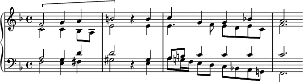 
   \new PianoStaff <<
      \new Staff <<
         \new Voice \relative c' {
             \stemUp \clef treble \key f \major \time 4/4
             \[ f2 g4 a
             b2 \] r4 b
             c4 g g bes!
             a2.
             }
         \new Voice \relative c' {
             \stemDown
              c2 c4 bes8 a
              e'2 s4 e
              e4. f8 e d e c
              f2.
              }
            >>
     \new Staff <<
         \new Voice \relative c' {
             \stemUp \clef bass \key f \major \time 4/4
             a2 g4 d'
             d2 r4 gis,
             a8 b c4 c c
             c2.
             }
         \new Voice \relative c {
             \stemDown
             f2 e4 fis
             gis2 s4 e
             a8 g!16 f e8 d c bes! a g!
             f2.
             }
         >>
    >>
