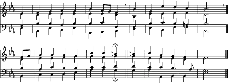 
<< <<
\new Staff { \clef treble \time 4/4 \partial 4 \key es \major \set Staff.midiInstrument = "flute" \omit Staff.TimeSignature \set Score.tempoHideNote = ##t \override Score.BarNumber  #'transparent = ##t
  \relative c'
  << { es4 | f g as g | bes as8 g f4 \breathe \bar"||" bes | g es' d c | bes2. \breathe \bar"||" \break
  f8 g | as4 as as g | c c b\fermata \bar"||" b! | c as g f | es2. \bar"|." } \\
  { es4 | d es es es | es es d bes | es es f f | d2.
  d4 | es es f g | g f g g | es f es d | es2. } >>
}
\new Staff { \clef bass \key es \major \set Staff.midiInstrument = "flute" \omit Staff.TimeSignature
  \relative c'
  << { g4 | bes bes as bes | bes c f, f | bes c bes a | bes2.
  bes4 | as c bes bes | c c d d | c c bes4. as8 | g2. } \\
  { es4 | bes es c es | g, as bes d | es c f f | bes,2.
  bes4 | c c d es | as as g\fermata g | as as, bes bes | es2. } >>
}
>> >>
\layout { indent = #0 }
\midi { \tempo 4 = 88 }
