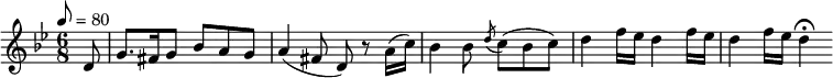 
  \relative c' { \set Staff.midiInstrument = #"clarinet"
    \time 6/8
    \tempo 8 = 80
    \key g \minor
    \partial 8 d8 g8. fis16 g8 bes a g a4( fis8 d) r8 a'16( c) bes4 bes8 \acciaccatura d8 c( bes c) d4 f16 es d4 f16 es d4 f16 es d4\fermata
  }
  \layout {
     \context {
         \Staff
         \consists "Horizontal_bracket_engraver"
     }
  }
