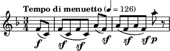 
\new Score {
  \new Staff {
    \relative c' {
      \time 3/4
      \key f \major
      \clef treble
      \tempo "Tempo di menuetto" 4 = 126
      \partial 4 f8_\markup {
  \dynamic f \italic \hspace #0.1
} (c)
      f8[_\markup {
  \dynamic sf \italic \hspace #0.1
} (c f_\markup {
  \dynamic sf \italic \hspace #0.1
}  c]) a'(f_\markup {
  \dynamic sf \italic \hspace #0.1
} )
      a[( f_\markup { 
  \dynamic sf \italic \hspace #0.1 
} a f]_\markup {
  \dynamic sf \italic \hspace #0.1
} ) a'-._\markup {
  \dynamic p \italic \hspace #0.1
}  r8
    }
  }
}
