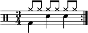 
\new Staff <<
 \new voice \relative c' {
 \clef percussion
 \numericTimeSignature
 \time 3/4
 \set Score.tempoHideNote = ##t \tempo 4 = 100
 \stemDown \repeat volta 2 { g4 d' d }
 }
 \new voice \relative c'' {
 \override NoteHead.style = #'cross
 \stemUp \repeat volta 2 { a8[ a] a[ a] a[ a] }
 }
>>
