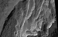 Close view of layers, as seen by HiRISE under HiWish program Rectangle shows the size of a football field for scale.