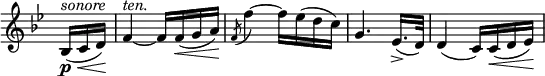 
\relative c' \new Staff \with { \remove "Time_signature_engraver" } {
 \key bes \major \time 2/4 \partial 8.
  bes16\p \< ^\markup \italic sonore ( c d\!) f4~^\markup \italic ten. f16 f\<( g a\!)
  \acciaccatura f8 f'4~ f16 es( d c) g4. es16.->( d32) d4( c16) c\<( d es\!)
}
