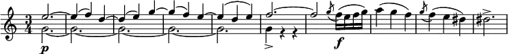  { \tempo 4 = 144  \set Score.tempoHideNote=##t \set Staff.midiInstrument = "violin" \relative e'' { \key c \major \time 3/4 <<
\new Voice = "first" { \voiceOne e2.~ e4( f) d~ d( e) g~ g( f) e~ e( d e) f2.~ f2 }
\new Voice = "second" { \voiceTwo g,2.~ \p g~ g~ g~ g g4-> r r } >>
\oneVoice { \acciaccatura g'8 f16( \f e f g) a4( g f) \acciaccatura g8 f4( e dis) dis2.->}
}} 