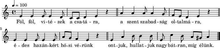 
{
   <<
   \relative c' {
      \key a \minor
      \time 4/4
      \tempo 4 = 100
      \set Staff.midiInstrument = "Trombone"
      \transposition c'
%       Föl, föl vitézek a csatára
         e    e   e8 e4 d8 c   c d4 e r \bar "||"
%       a szent szabadság oltalmára,
        a   a     a8 a4 g8 f  e  d4 e r \bar "||"
        \break
%       édes hazánkért hősi vérünk
        e e e8 e4 e8 a g f4 e r \bar "||"
%       ontjuk, hullatjuk, nagy bátran, míg élünk.
        e a b8 b4 b8 e, c'4 b8 a gis a4 \bar "|."
      }
   \addlyrics {
        Föl, föl, vi -- té -- zek a csa -- tá -- ra,
        a szent sza -- bad -- ság ol -- tal -- má -- ra,
        é -- des ha -- zán -- kért hő -- si vé -- rünk
        ont -- juk, hul -- lat -- juk nagy bát -- ran, míg é -- lünk.
      }
   >>
}
