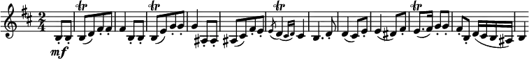  { \relative b { \key b \minor \time 2/4
\partial 4 b8-. \mf b-.| b8([ \trill d) fis-. fis-.] | fis4 b,8-. b-. | b8([ \trill e) g-. g-.] |
g4 ais,8-. ais-. | ais8([ cis) fis-. e-.] | \acciaccatura e8 \afterGrace d4( \trill { cis16 d) } cis4 |
b4. d8-. | d4( cis8) e-. | e4( dis8) fis-. | e8.( \trill fis16) g8-. g-. | fis8-. b,-. d16( cis b ais) | b4 }}
\layout { \context {\Score \override SpacingSpanner.common-shortest-duration = #(ly:make-moment 1/4) }} 