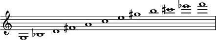 
{
\override Score.TimeSignature
#'stencil = ##f
\override Score.SpacingSpanner.strict-note-spacing = ##t
  \set Score.proportionalNotationDuration = #(ly:make-moment 3/2)
    \relative c' {
        \time 12/1
        \set Score.tempoHideNote = ##t \tempo 1 = 60
        g1 bes d fis a c e gis b cis ees f
    }
}
