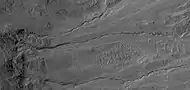 Close view of gullies, as seen by HiRISE under HiWish program Curves in channels are evidence that these gullies were not created by landslides.