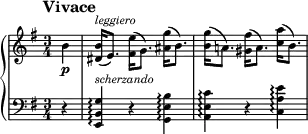 
\new PianoStaff <<
\new Staff = "Up" \with { \magnifyStaff #3/4 } <<
\new Voice \relative c' {
\clef treble
\tempo "Vivace"
\set Score.tempoHideNote = ##t \tempo 4 = 184

\key e \minor
\time 3/4
\partial 4
b'4 \p <dis, b'>16^\markup{\italic leggiero} (e8.) <fis e'>16 (g8.) <ais g'>16 (b8.) <b g'>16 (a!8.) <gis fis'>16 (a8.) <c a'>16 (b8.)
}
>>
\new Staff = "Down" \with { \magnifyStaff #3/4 } <<
\new Voice \relative c{
\clef bass
\key e \minor
r4 <e, b' g'>^\markup{\italic scherzando} \arpeggio r <g e' b'> \arpeggio <a e' c'> \arpeggio r <c a' e'> \arpeggio
}
>>
>>
