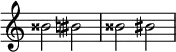  { \omit Score.TimeSignature \relative c'' { 
  bisis2 bis \accidentalStyle modern bisis2 bis } }
