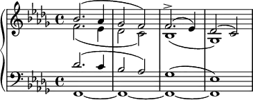 
\relative c'' {
  \new PianoStaff <<
    \new Staff <<
      \new Voice = "first" {
        \set Staff.midiInstrument = #"piano" \set Score.tempoHideNote = ##t \tempo 4 = 40 \stemUp \clef treble \key bes \minor \time 4/4
        bes2. ^( as4 |
        ges2 f2 ) |
        f2. ^> ^( es4 ) |
        des2 ^( c2 ) |
      }
      \new Voice = "second" {
        \stemDown
        f2. _( es4 |
        des2 c2 ) |
        bes1 _( |
        ges1 ) |
      }
    >>
    \new Staff <<
      \new Voice = "third" {
        \stemUp \clef bass \key bes \minor \time 4/4
        des'2. ^( c4 |
        bes2 as2 ) |
        ges1 ^( |
        es1 ) |
      }
      \new Voice = "fourth" \relative c,, {
        \stemDown \clef bass \key bes \minor \time 4/4
        f'1~
        f1~
        f1~
        f1
      }
    >>
  >>
}
