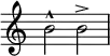  {
\override Score.TimeSignature #'stencil = ##f    \relative c'' {
        b2-^ b->
    }

}
