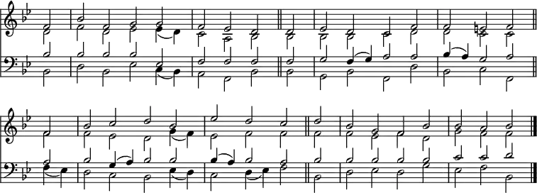 
<< <<
\new Staff { \clef treble \time 4/2 \partial 2 \key bes \major \set Staff.midiInstrument = "church organ" \omit Staff.TimeSignature \set Score.tempoHideNote = ##t \override Score.BarNumber  #'transparent = ##t
  \relative c'
  << { f2 | bes f g g | f es d \bar"||" d | es d c f | 
  f e f \bar"||" \break f | bes c d bes | 
  es d c \bar"||" d | bes g f bes | bes a bes \bar"|." } \\
  { d,2 | f d es es4( d) | c2 a bes bes | bes bes c d |
  d c c f | f es d g4( f) |
  es2 f f f | f es f d | g f f } >>
}
%%\new Lyrics \lyricsmode { put lyrics here if you insist }
\new Staff { \clef bass \key bes \major \set Staff.midiInstrument = "church organ" \omit Staff.TimeSignature
  \relative c'
  << { bes2 | bes bes bes es, | f f f f | g f4( g) a2 a |
  bes4( a) g2 a a | bes g4( a) bes2 bes | 
  bes4( a) bes2 a bes | bes bes bes bes | c c d } \\
  { bes,2 | d bes es c4( bes) | a2 f bes bes | g bes f d' |
  bes c f, f'4( es) | d2 c bes es4( d) | 
  c2 d4( es) f2 bes, | d es d g | es f bes, } >>
}
>> >>
\layout { indent = #0 }
\midi { \tempo 2 = 90 }
