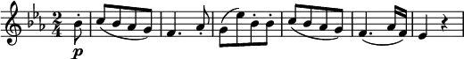  { \tempo 4 = 144 \set Score.tempoHideNote=##t \set Staff.midiInstrument = "violin" \relative bes' { \key es \major \time 2/4
\partial 8 bes8-. \p | c8([ bes as g)] | f4. as8-. | g8([ es') bes-. bes-.] | c8([ bes as g)] | f4.( as16 f) | es4 r }} 