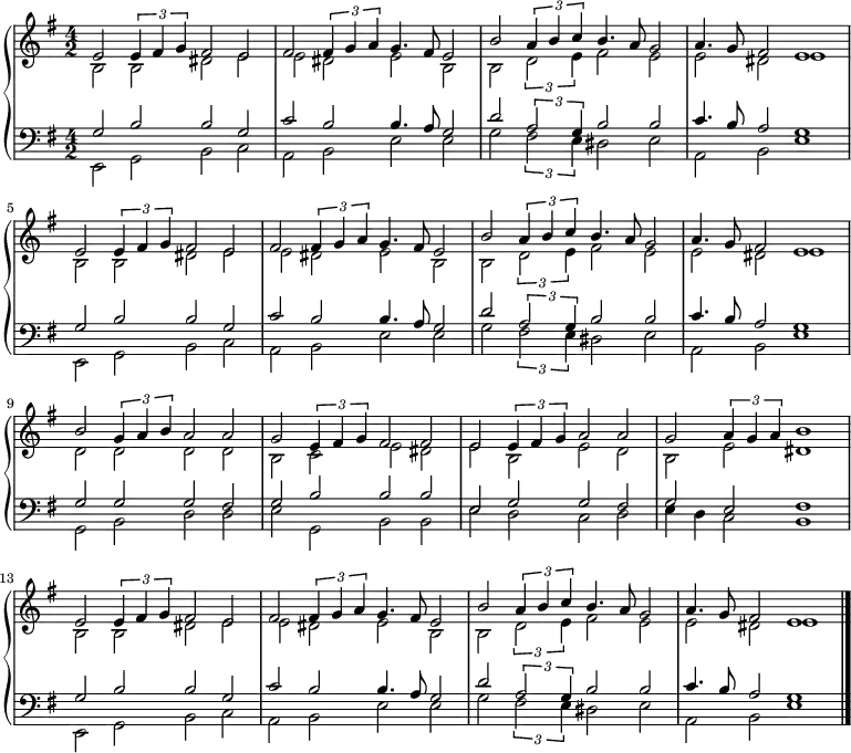 
{ \new PianoStaff <<
  \new Staff << 
    \new Voice \relative c' {\set Staff.midiInstrument = #"church organ" \set Score.tempoHideNote = ##t \tempo 4 = 130 \voiceOne \clef treble 
    \key e \minor
    \time 4/2
\language "english"
  e2 \times 2/3 {e4 fs g} fs2 e fs2 \times 2/3 {fs4 g a} g4. fs8 e2
  b'2 \times 2/3 {a4 b c} b4. a8 g2 a4. g8 fs2 e1
  e2 \times 2/3 {e4 fs g} fs2 e fs2 \times 2/3 {fs4 g a} g4. fs8 e2
  b'2 \times 2/3 {a4 b c} b4. a8 g2 a4. g8 fs2 e1
  b'2 \times 2/3 {g4 a b} a2 a g2 \times 2/3 {e4 fs g} fs2 fs
  e2 \times 2/3 {e4 fs g} a2 a g2 \times 2/3 {a4 g a} b1
  e,2 \times 2/3 {e4 fs g} fs2 e fs2 \times 2/3 {fs4 g a} g4. fs8 e2
  b'2 \times 2/3 {a4 b c} b4. a8 g2 a4. g8 fs2 e1
  \bar "|."
  }
   \new Voice \relative c' { \voiceTwo
  b2 b ds e e ds e b
  b \times 2/3 {d2 e4} fs2 e e ds e1
  b2 b ds e e ds e b
  b \times 2/3 {d2 e4} fs2 e e ds e1
  d2 d d d b c e ds
  e b e d b e ds1
  b2 b ds e e ds e b
  b \times 2/3 {d2 e4} fs2 e e ds e1
  }  >>
  \new Staff <<
    \new Voice \relative c' {\set Staff.midiInstrument = #"church organ" \clef bass \key e \minor \time 4/2 \voiceOne
  g2 b b g c b b4. a8 g2
  d' \times 2/3 {a2 g4} b2 b c4. b8 a2 g1
  g2 b b g c b b4. a8 g2
  d' \times 2/3 {a2 g4} b2 b c4. b8 a2 g1
  g2 g g fs g b b b
  e, g g fs g e fs1
  g2 b b g c b b4. a8 g2
  d' \times 2/3 {a2 g4} b2 b c4. b8 a2 g1
  }
   \new Voice \relative c { \voiceTwo
  e,2 g b c a b e e
  g \times 2/3 {fs2 e4} ds2 e a,2 b e1
  e,2 g b c a b e e
  g \times 2/3 {fs2 e4} ds2 e a,2 b e1
  g,2 b d d e g, b b
  e d c d e4 d c2 b1
  e,2 g b c a b e e
  g \times 2/3 {fs2 e4} ds2 e a,2 b e1
  }
  >> >> } 
 