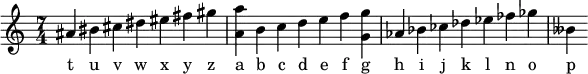 {
  <<
    \new Voice = "one" {
\relative c''{
\time 7/4
ais bis cis dis eis fis gis
<a a,> b, c d e f <g g,> 
as, bes ces des es fes ges 
beses,
}
    }
    \new Lyrics \lyricsto "one" {
t u v w x y z
a b c d e f g 
h i j k l n o 
p 
    }
  >>
}